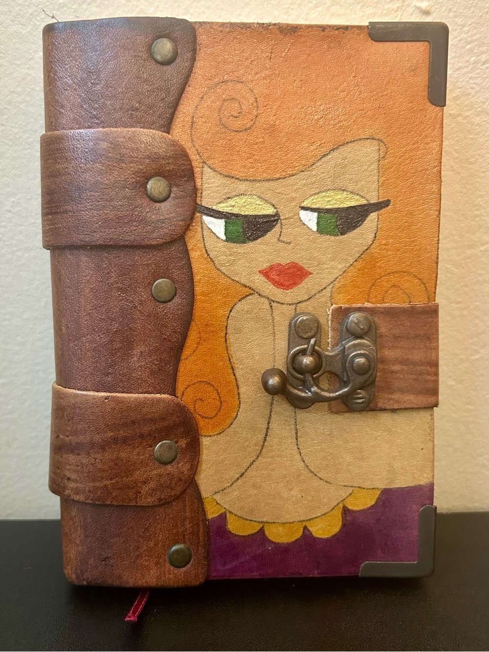 Hand Painted Leather Bound Journal with Metal Clasp Latch Anime Cartoon Feminine